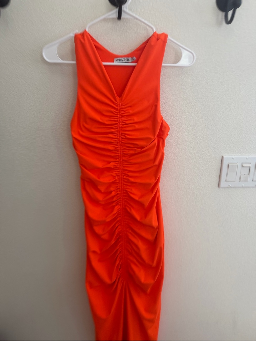 Sundry Vibrant Orange Ruched Midi Dress